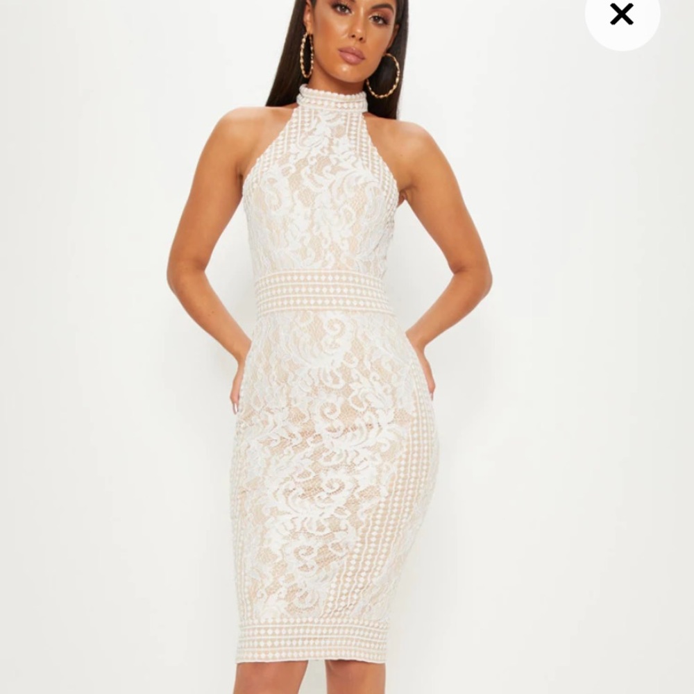 White Lace Crochet High Neck Midi Dress